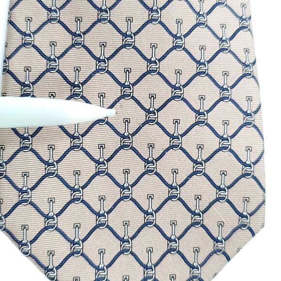 Yves Saint Laurent YSL 100% Silk Tie Equestrian Horse Bit Taupe Brown Navy Blue - Picture 6 of 6